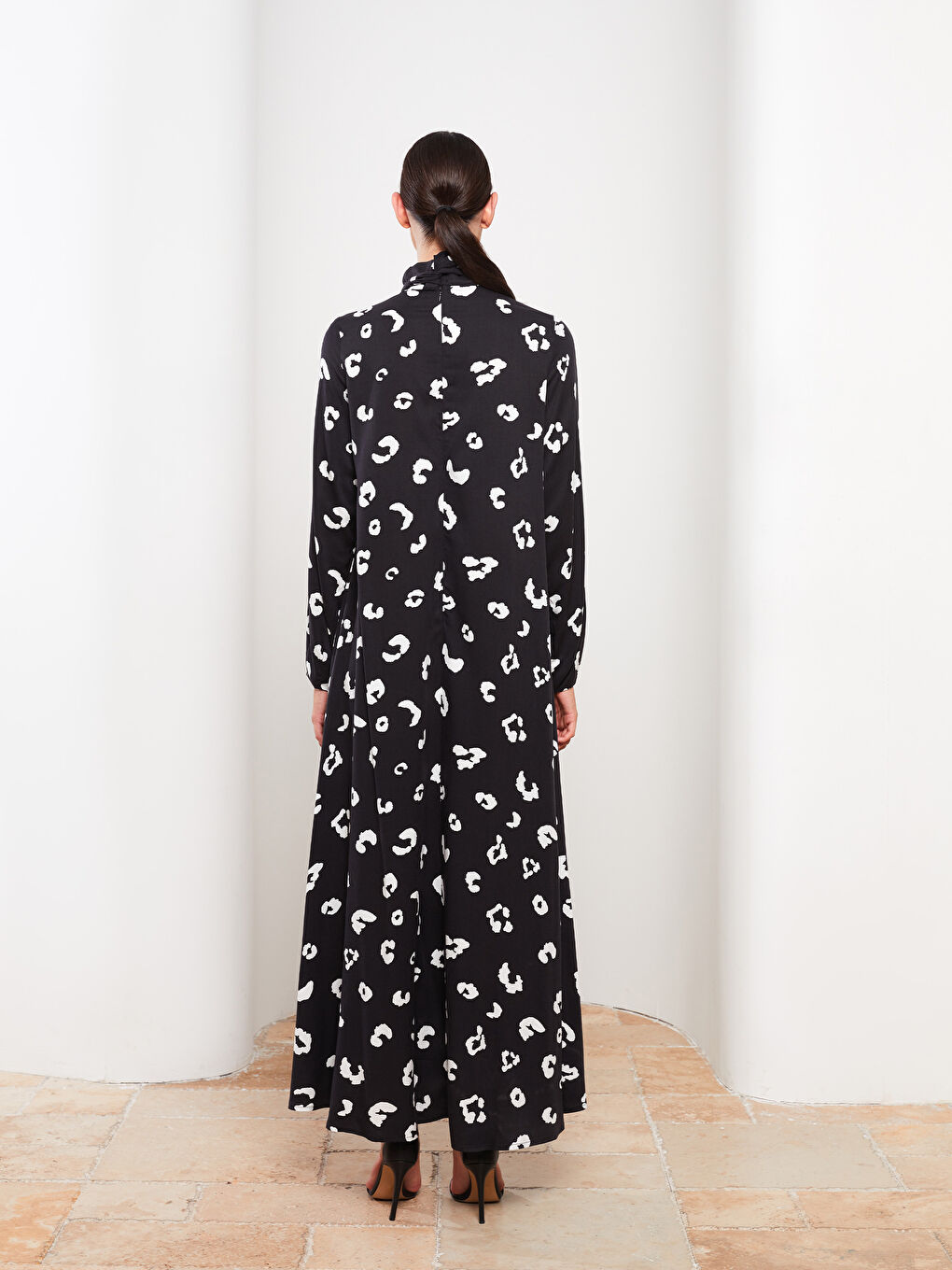 Tie Collar Patterned Long Sleeve Viscose Women's Dress-4