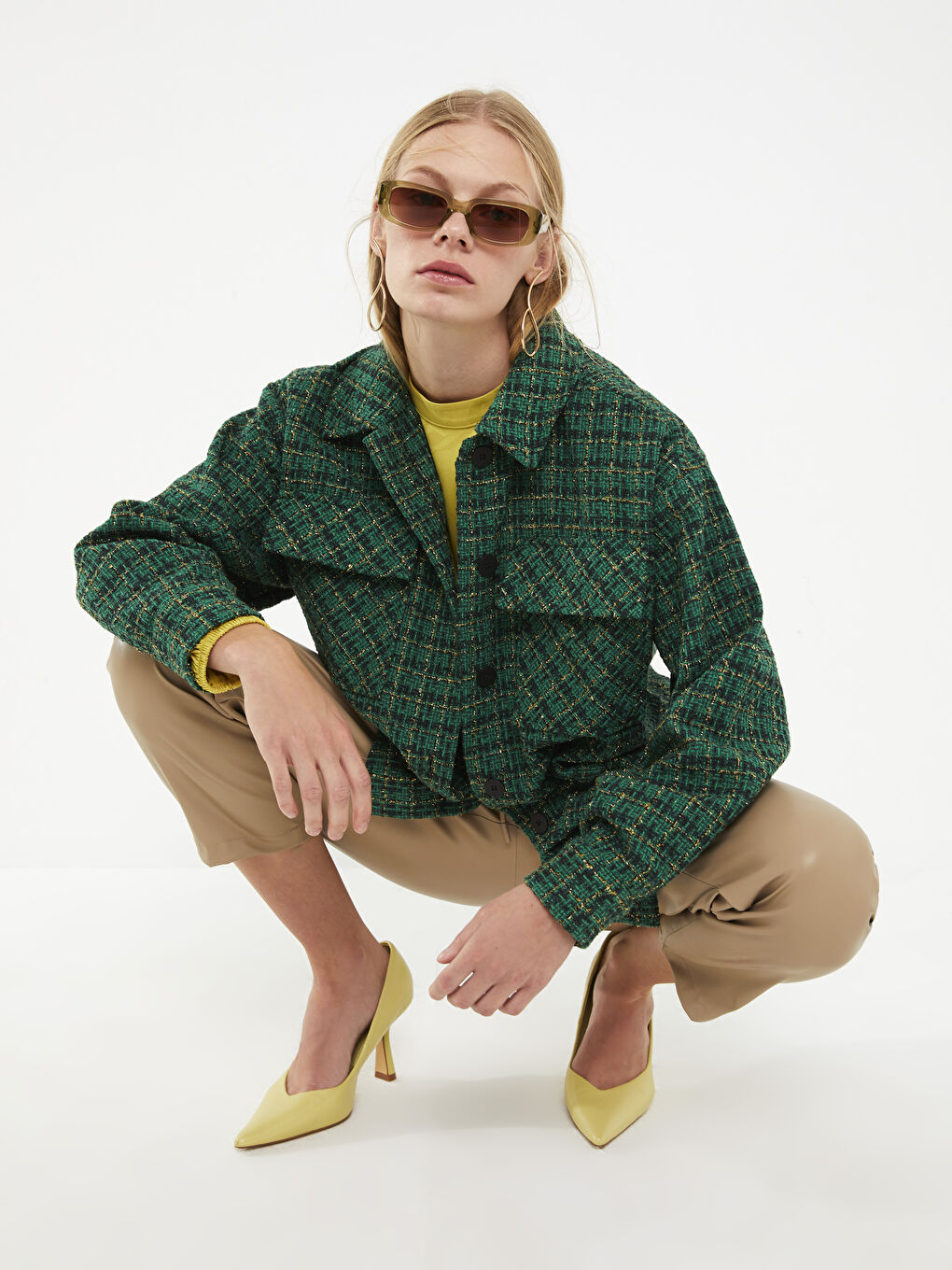 Buttoned Plaid Long Sleeve Women's Tweed Shirt Jacket