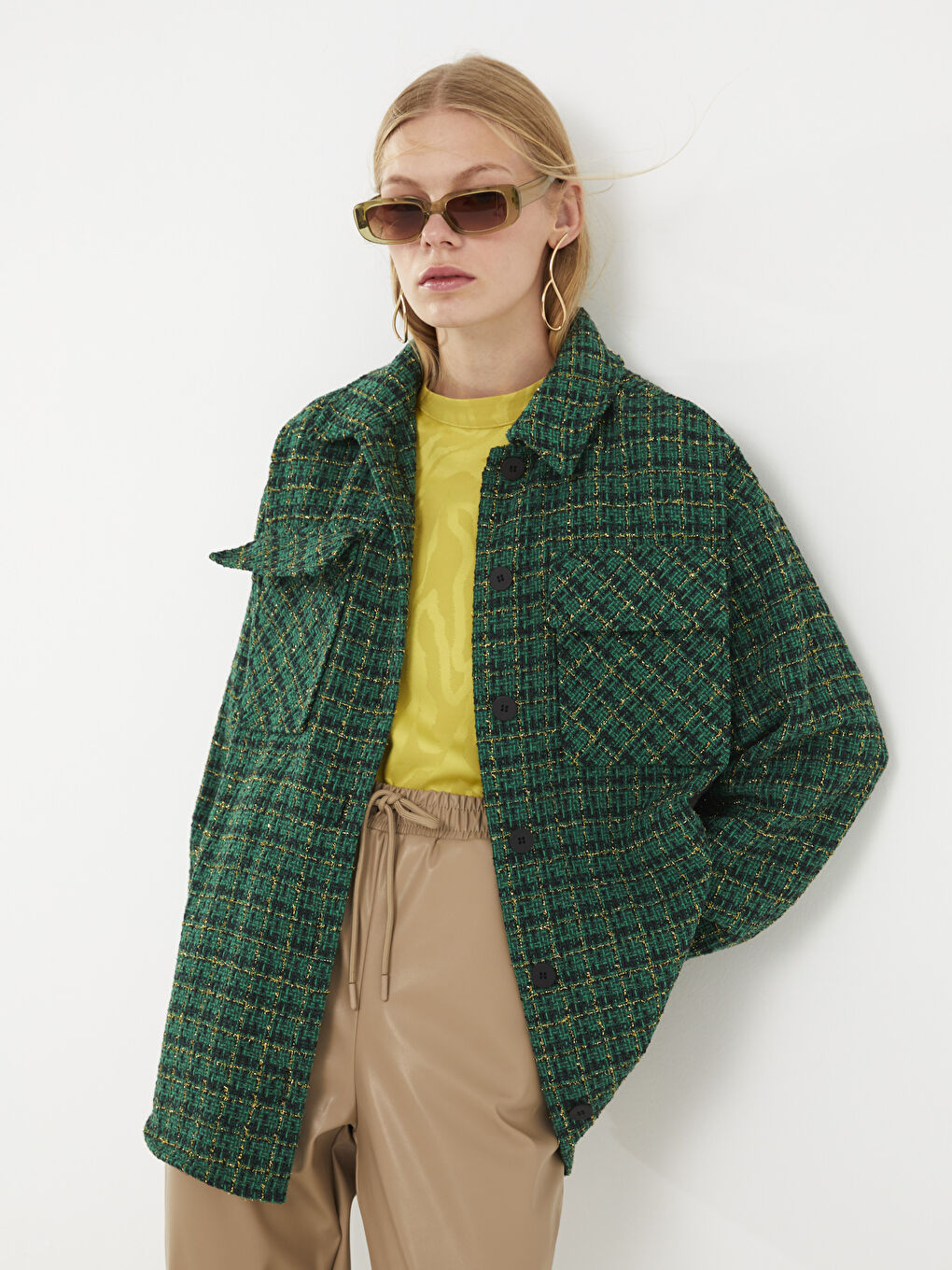 Buttoned Plaid Long Sleeve Women's Tweed Shirt Jacket-1