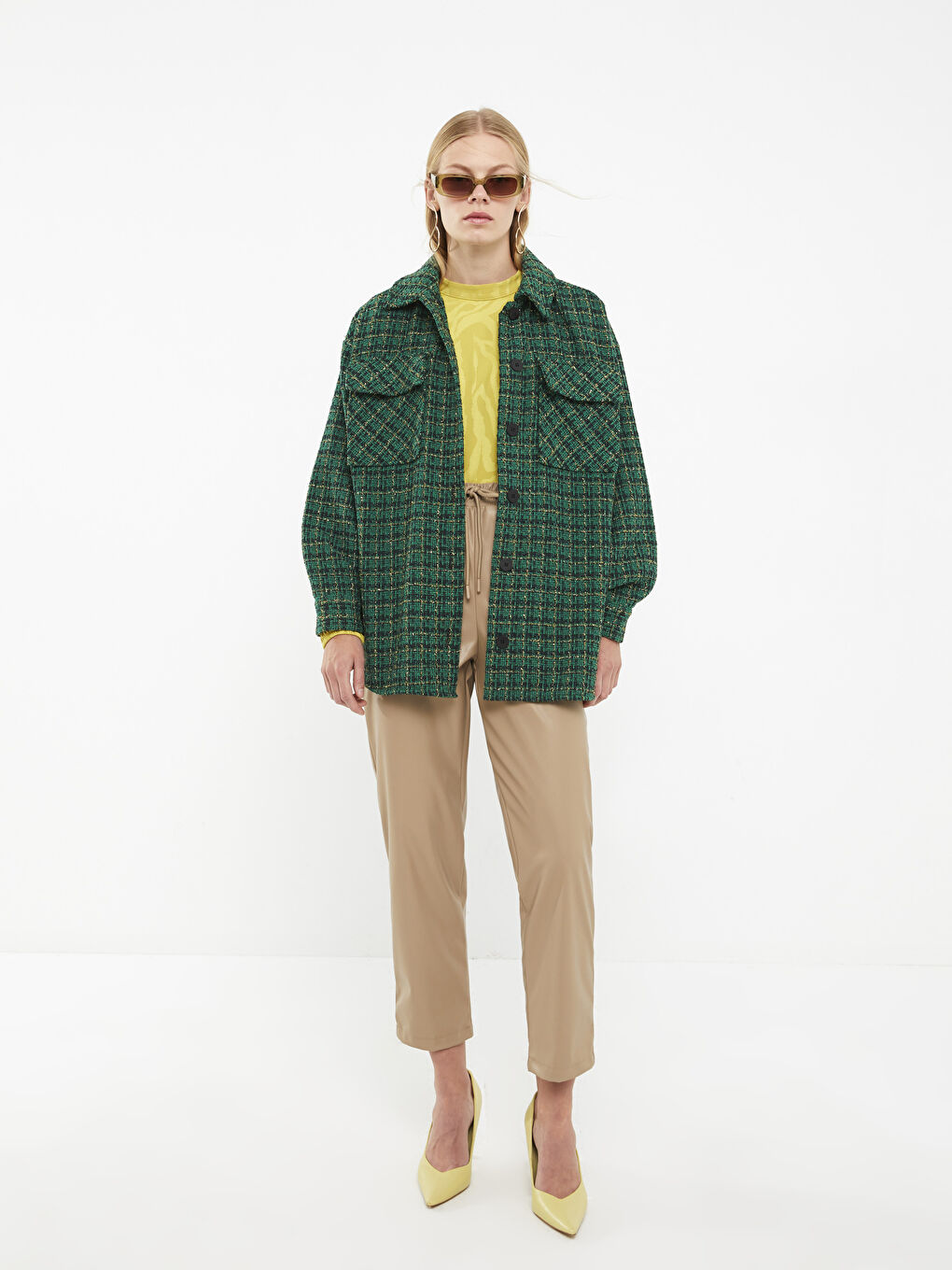 Buttoned Plaid Long Sleeve Women's Tweed Shirt Jacket-2