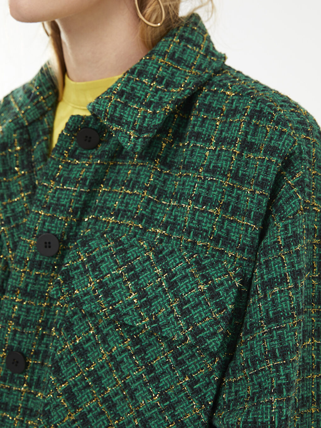 Buttoned Plaid Long Sleeve Women's Tweed Shirt Jacket-3