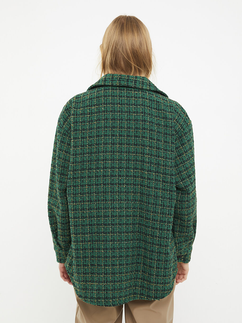 Buttoned Plaid Long Sleeve Women's Tweed Shirt Jacket-4