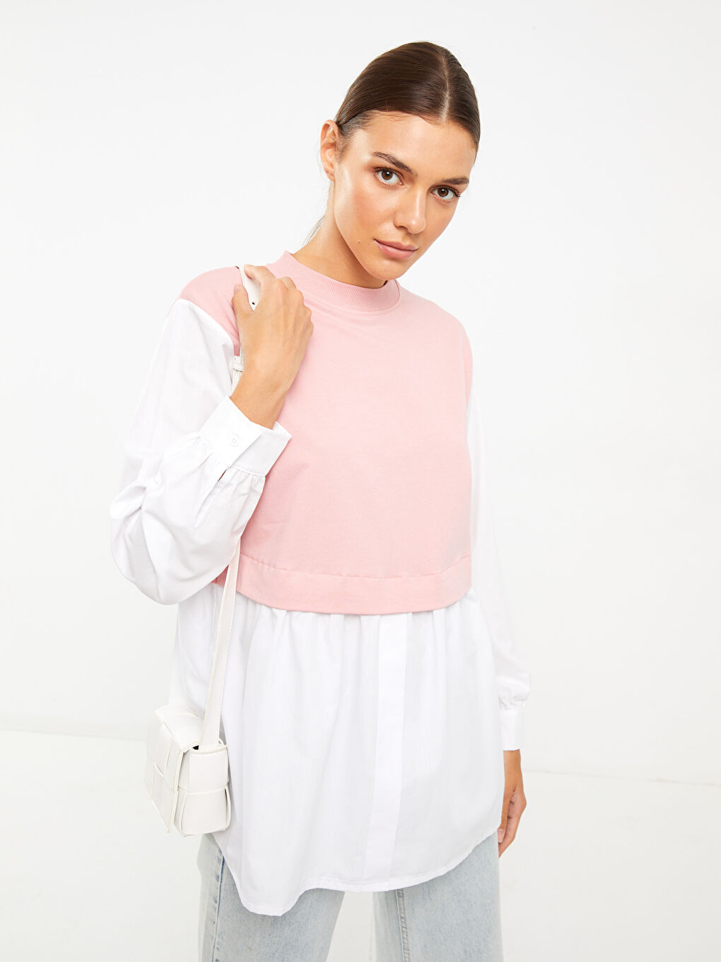 LCW Modest Açık Pembe Bisiklet Yaka Düz Oversize Kadın Sweatshirt Tunik - 2