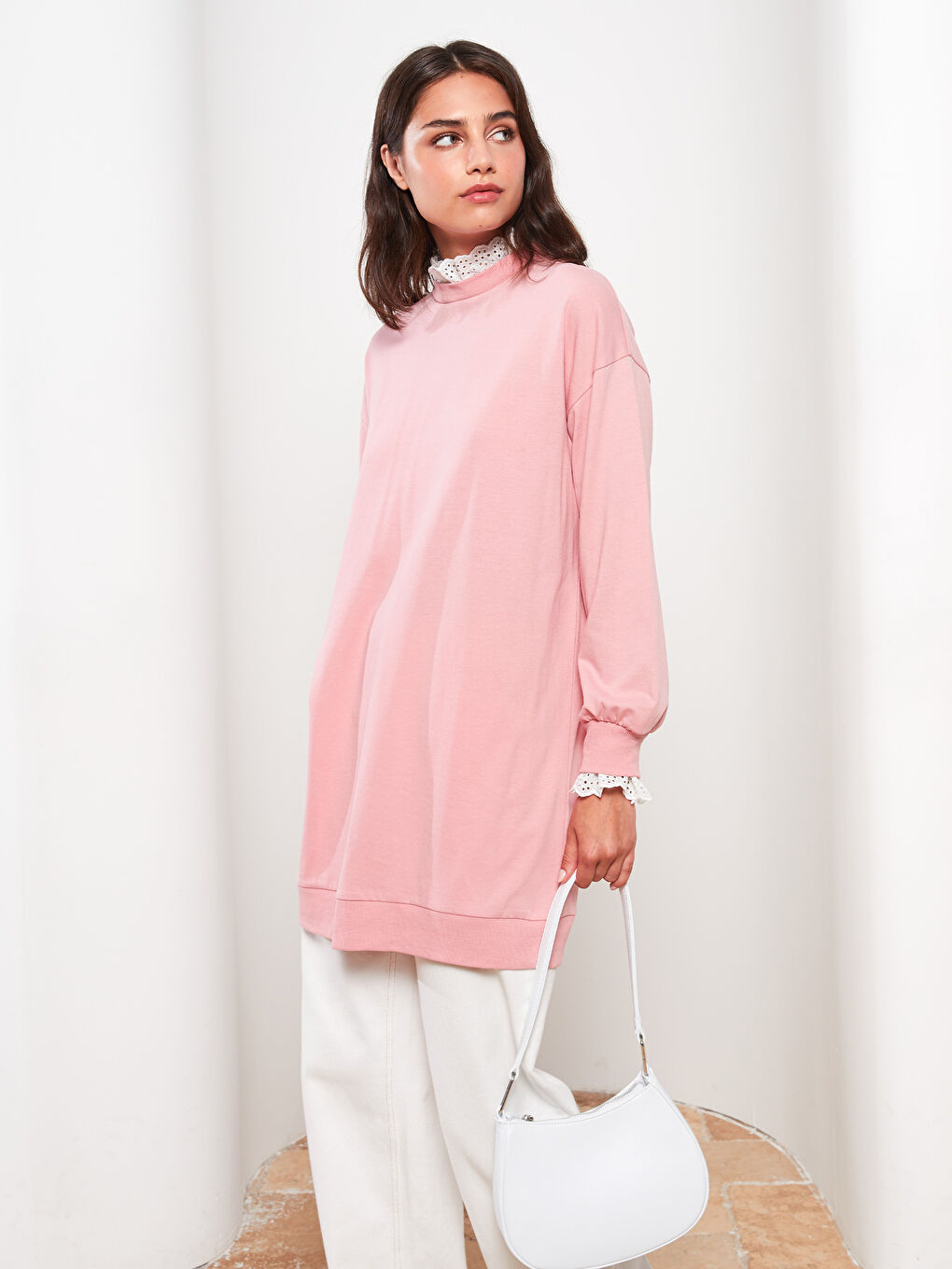 تونيك كم طويل سادة بياقة قمع للسيدات