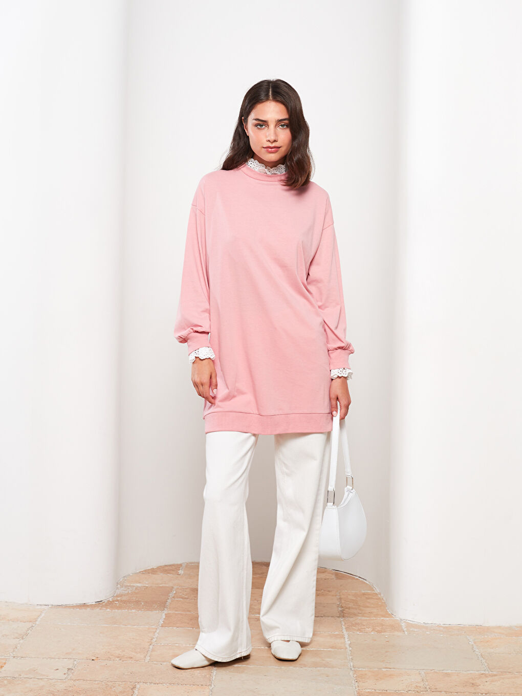 تونيك كم طويل سادة بياقة قمع للسيدات-1