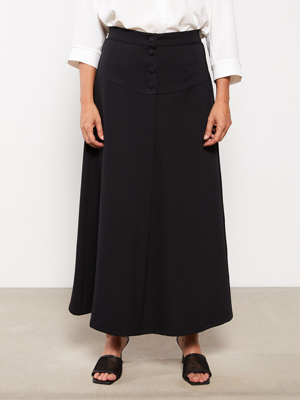 Siyah Beli Lastikli Düz A Kesim Kadın Etek-3