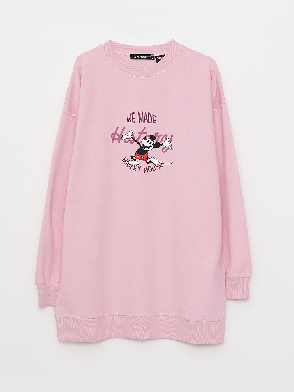 LCW Modest Pembe Bisiklet Yaka Mickey Mouse Baskılı Uzun Kollu Oversize Kadın Sweatshirt Tunik - 5