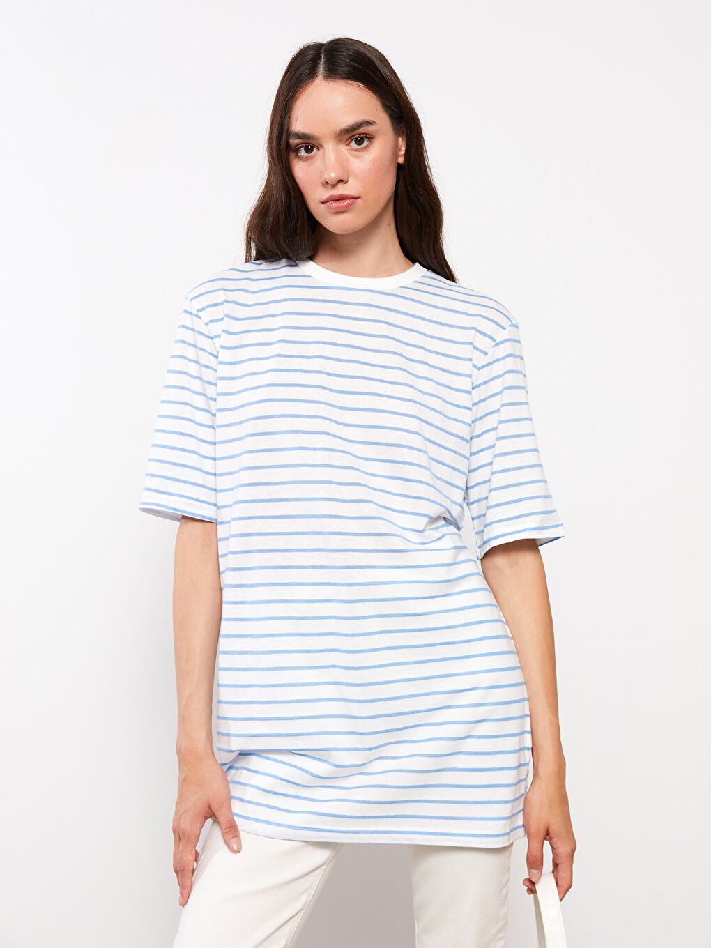 Mavi Bisiklet Yaka Çizgili Kısa Kollu Oversize Kadın Tunik-1