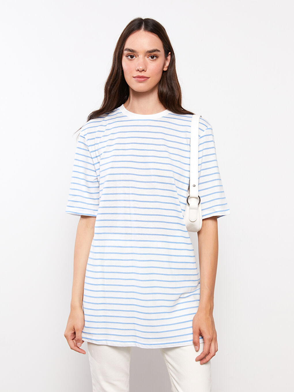 Mavi Bisiklet Yaka Çizgili Kısa Kollu Oversize Kadın Tunik-2