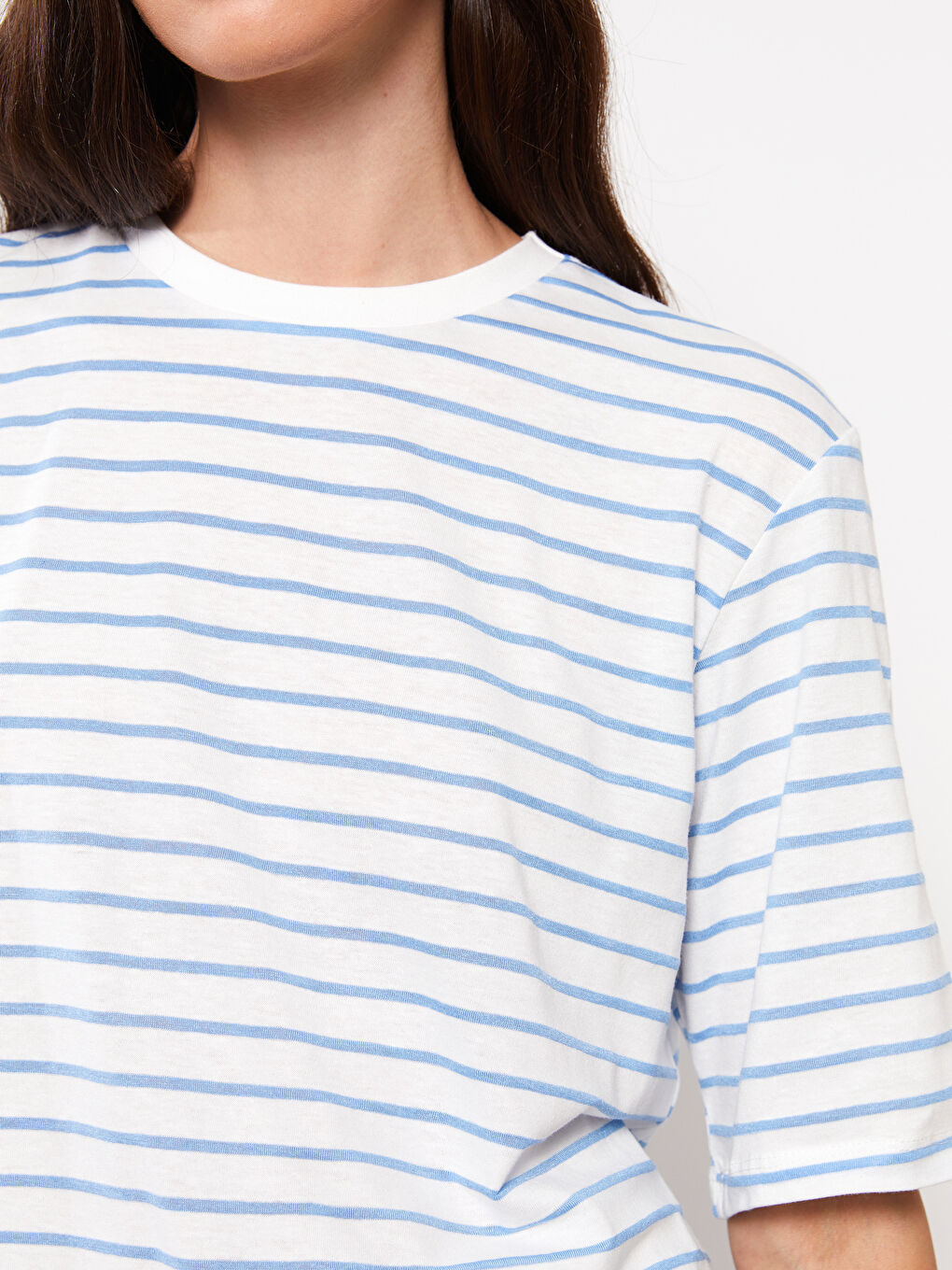 Mavi Bisiklet Yaka Çizgili Kısa Kollu Oversize Kadın Tunik-3