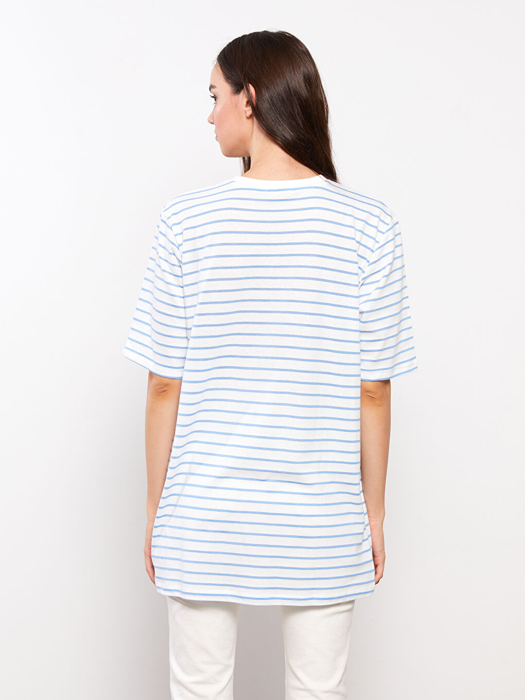 Mavi Bisiklet Yaka Çizgili Kısa Kollu Oversize Kadın Tunik-4