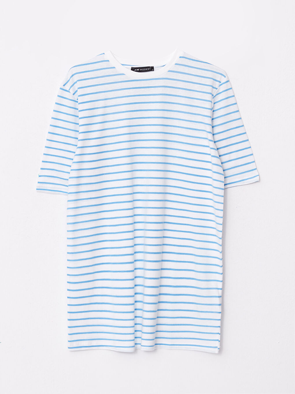 Mavi Bisiklet Yaka Çizgili Kısa Kollu Oversize Kadın Tunik-5