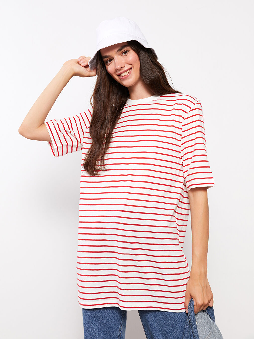 Kırmızı Bisiklet Yaka Çizgili Kısa Kollu Oversize Kadın Tunik-1