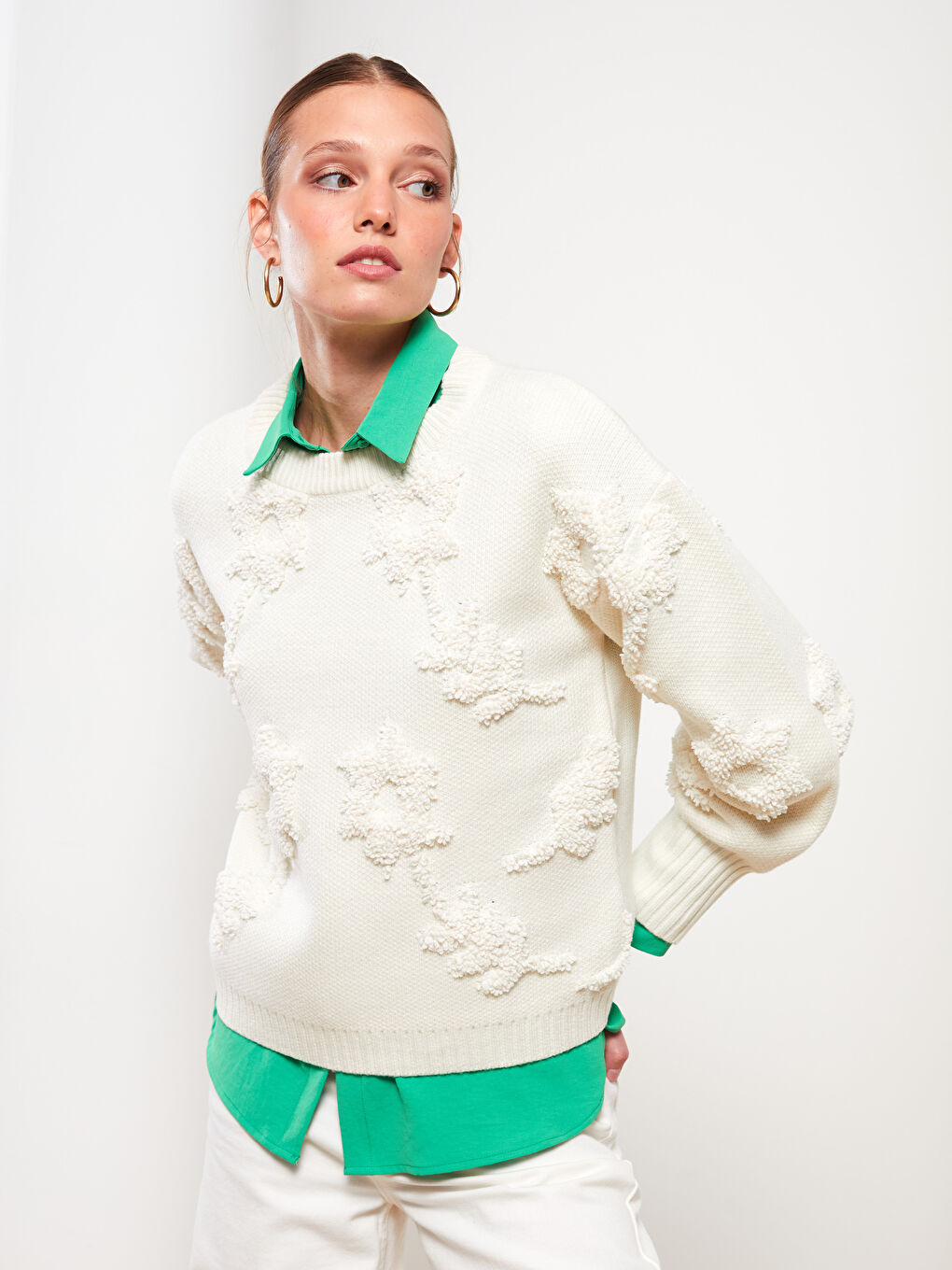 Crew Neck Printed Long Sleeve Women's Tricot Sweater-1