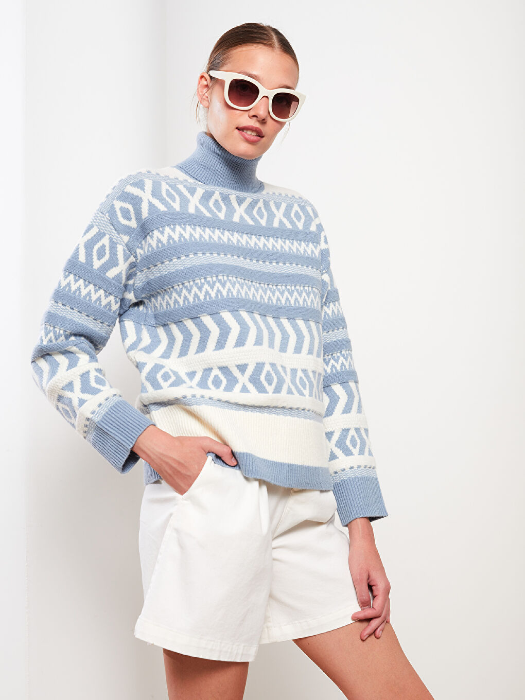 Turtleneck Patterned Long Sleeve Women's Tricot Sweater-1