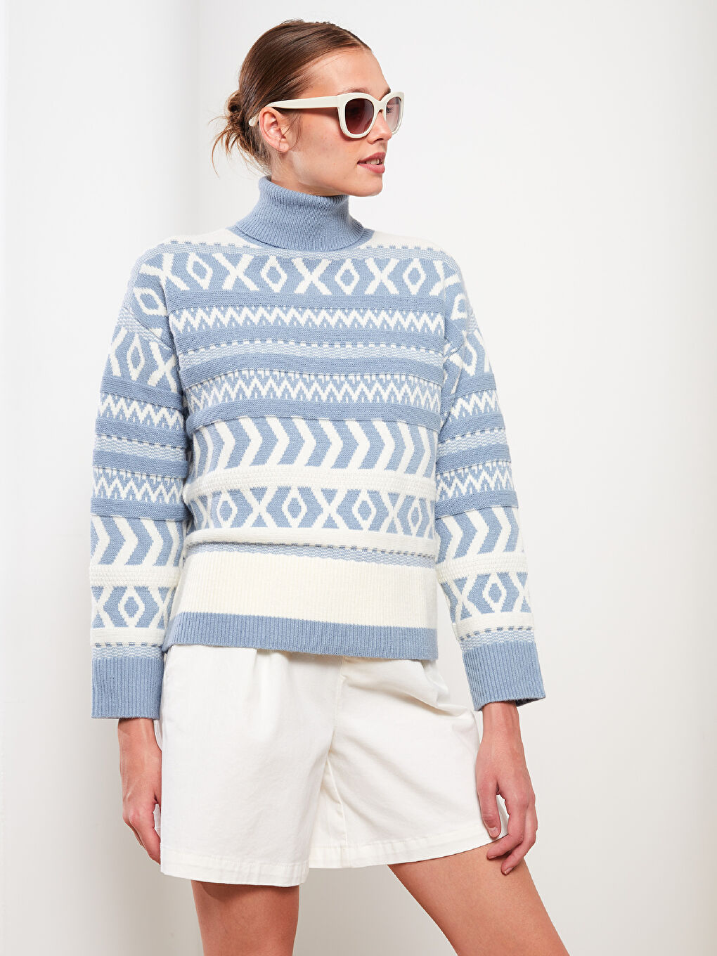 Turtleneck Patterned Long Sleeve Women's Tricot Sweater-2