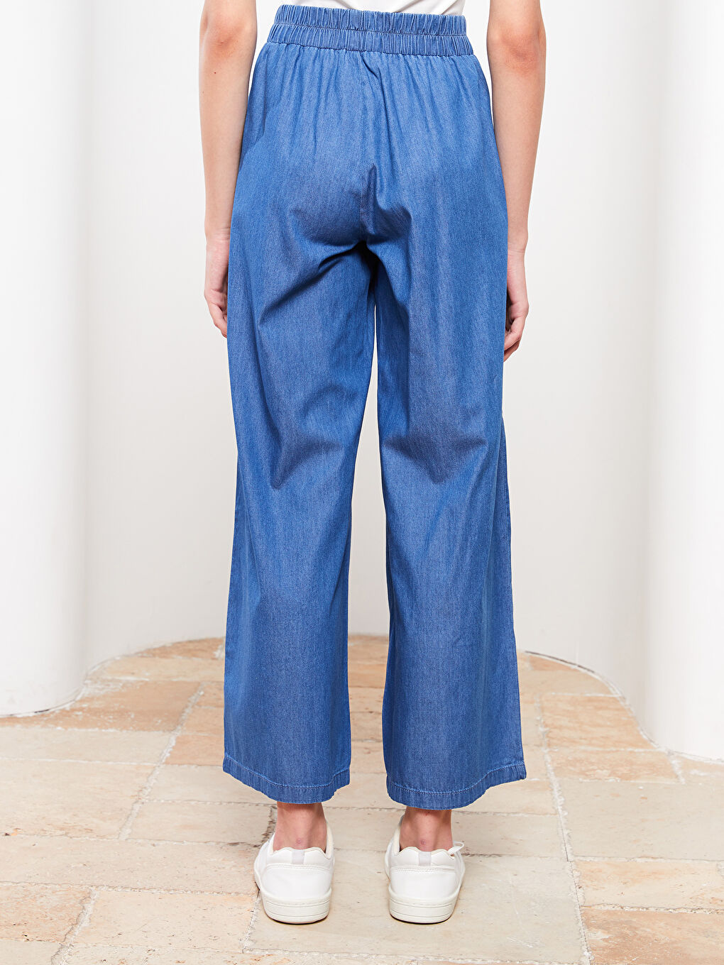 İndigo Yüksek Bel Wideleg Düz Geniş Paça Kadın Jean Pantolon-4