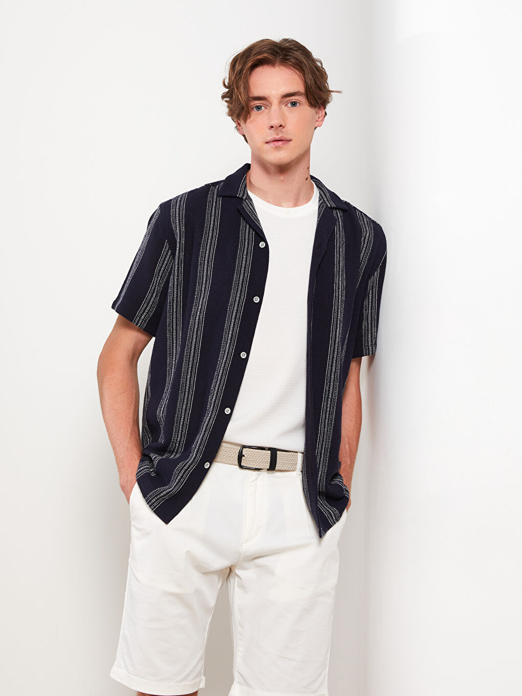 Lacivert Regular Fit Kısa Kollu Çizgili Poplin Erkek Gömlek-1