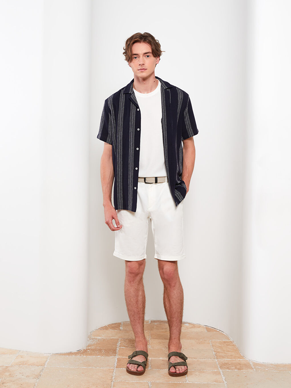 Lacivert Regular Fit Kısa Kollu Çizgili Poplin Erkek Gömlek-2