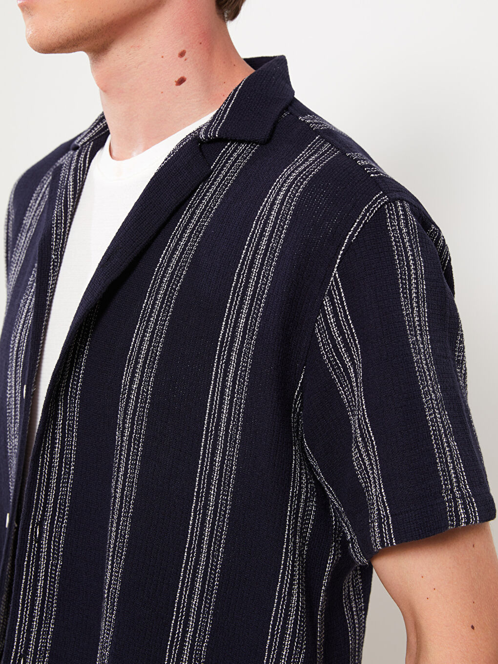 Lacivert Regular Fit Kısa Kollu Çizgili Poplin Erkek Gömlek-3