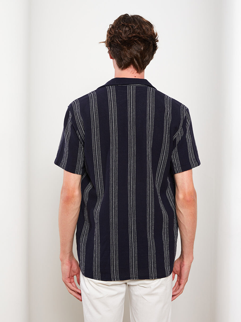 Lacivert Regular Fit Kısa Kollu Çizgili Poplin Erkek Gömlek-4