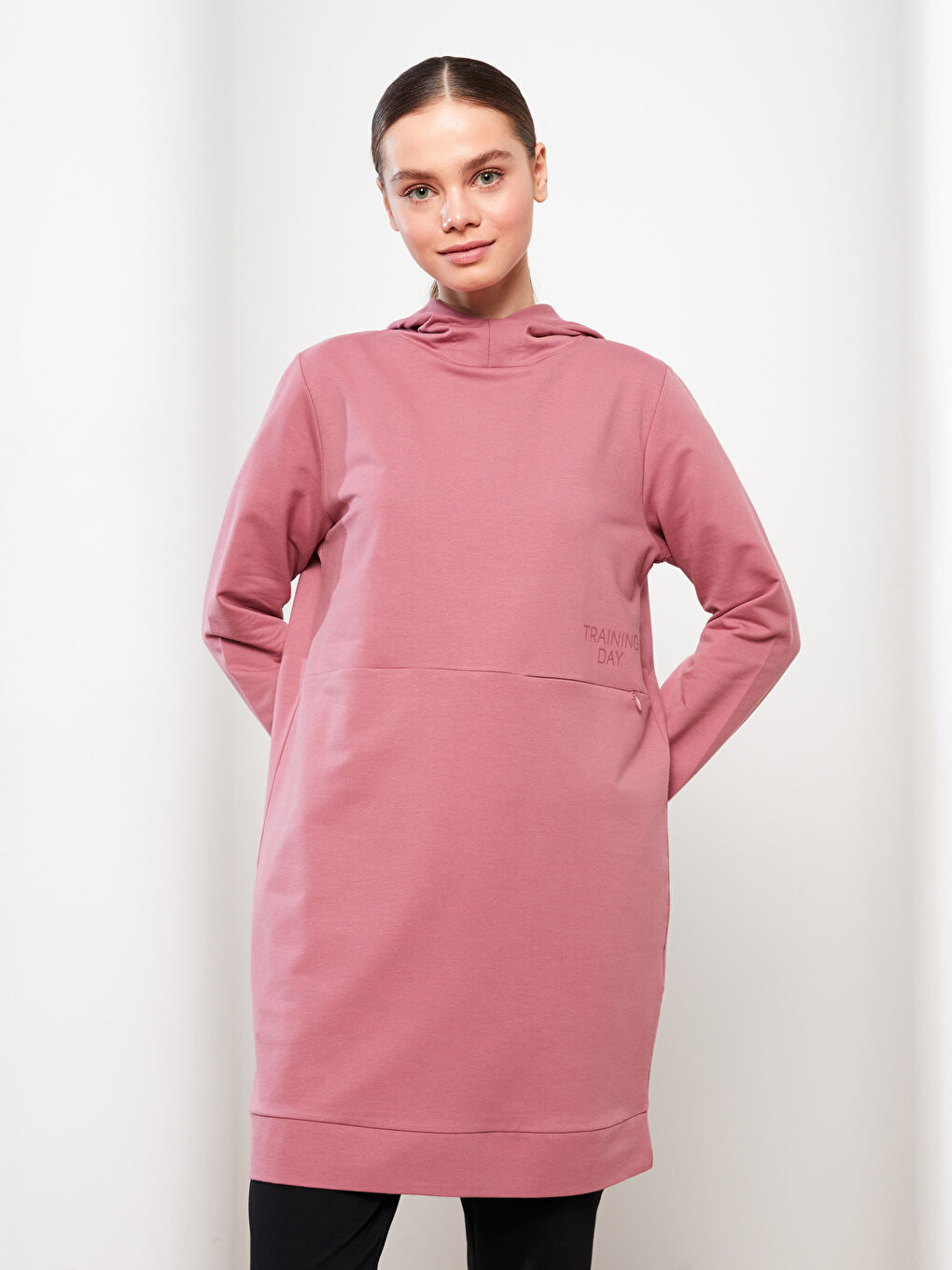 LCW Modest Mat Pembe Kapüşonlu Baskılı Uzun Kollu Kadın Sweatshirt Tunik - 2