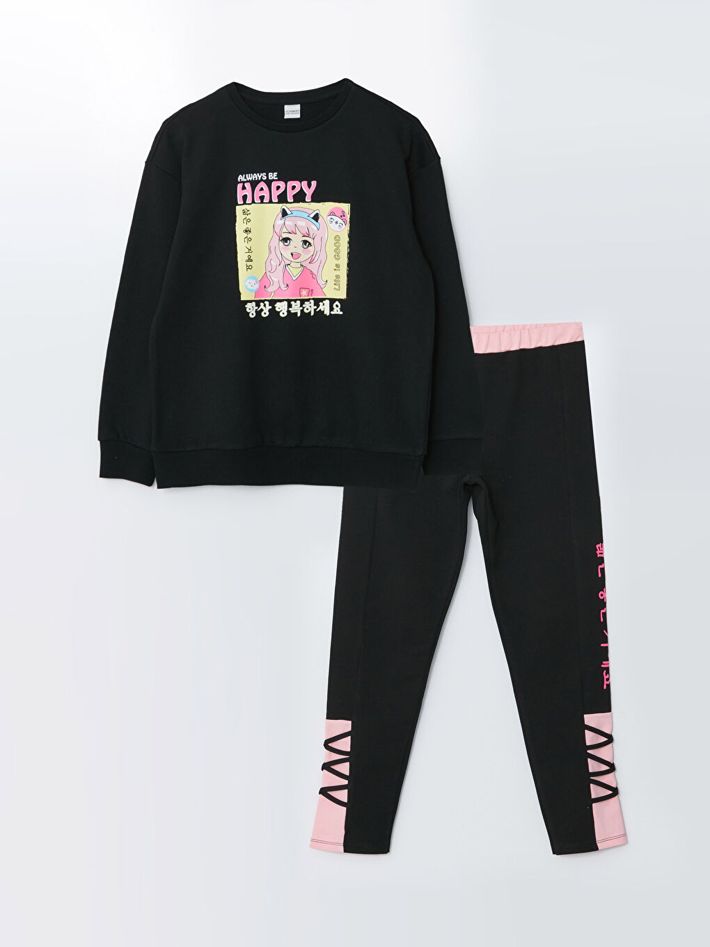 Siyah Bisiklet Yaka Baskılı Uzun Kollu Kız Çocuk Sweatshirt ve Tayt