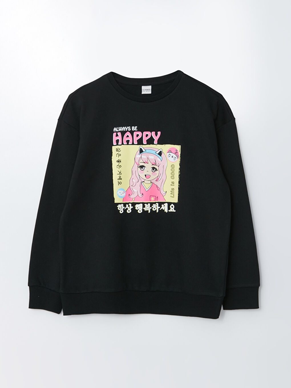 Siyah Bisiklet Yaka Baskılı Uzun Kollu Kız Çocuk Sweatshirt ve Tayt-1