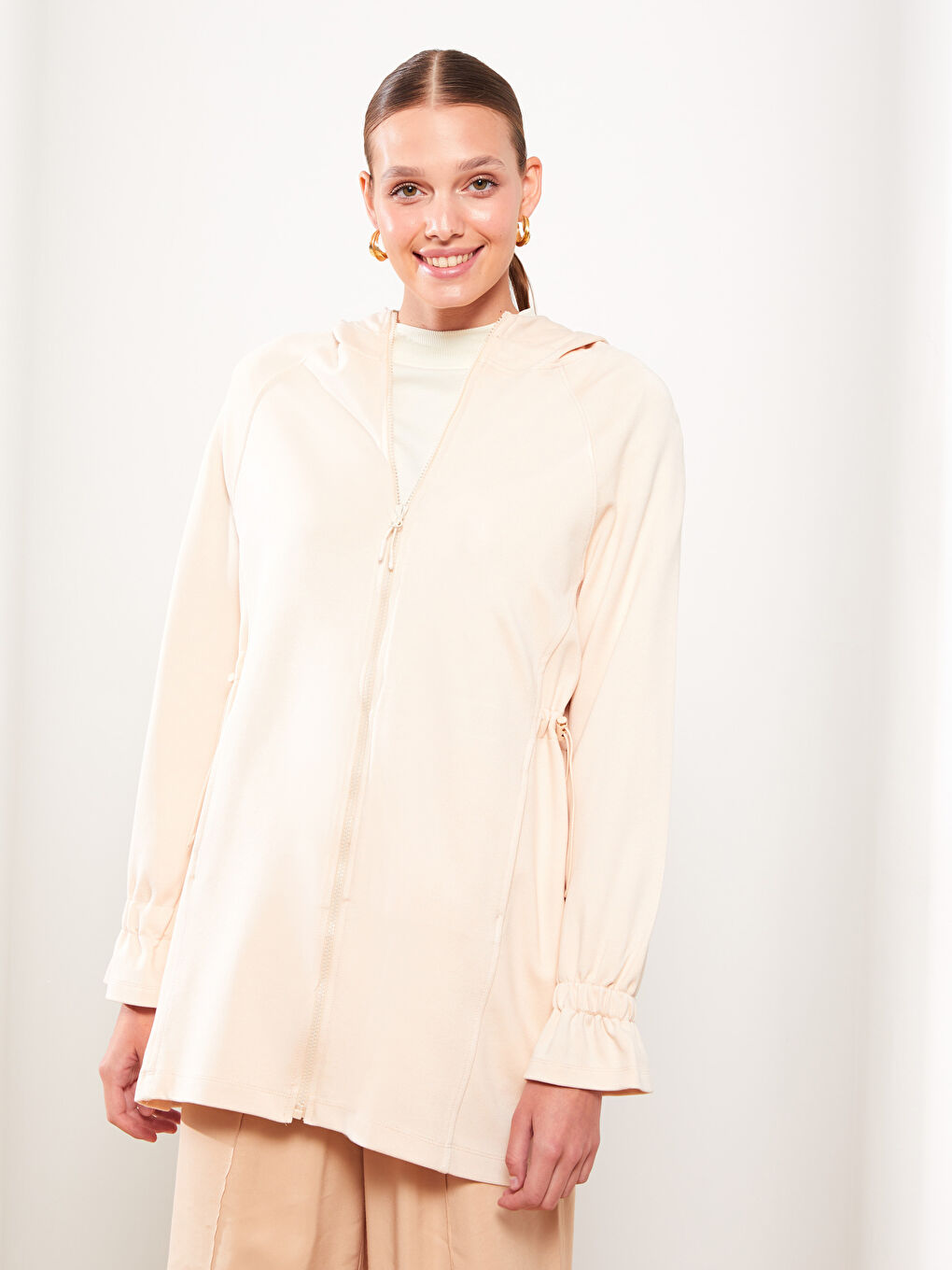 Ekru Kapüşonlu Düz Uzun Kollu Oversize Kadın Hırka-2