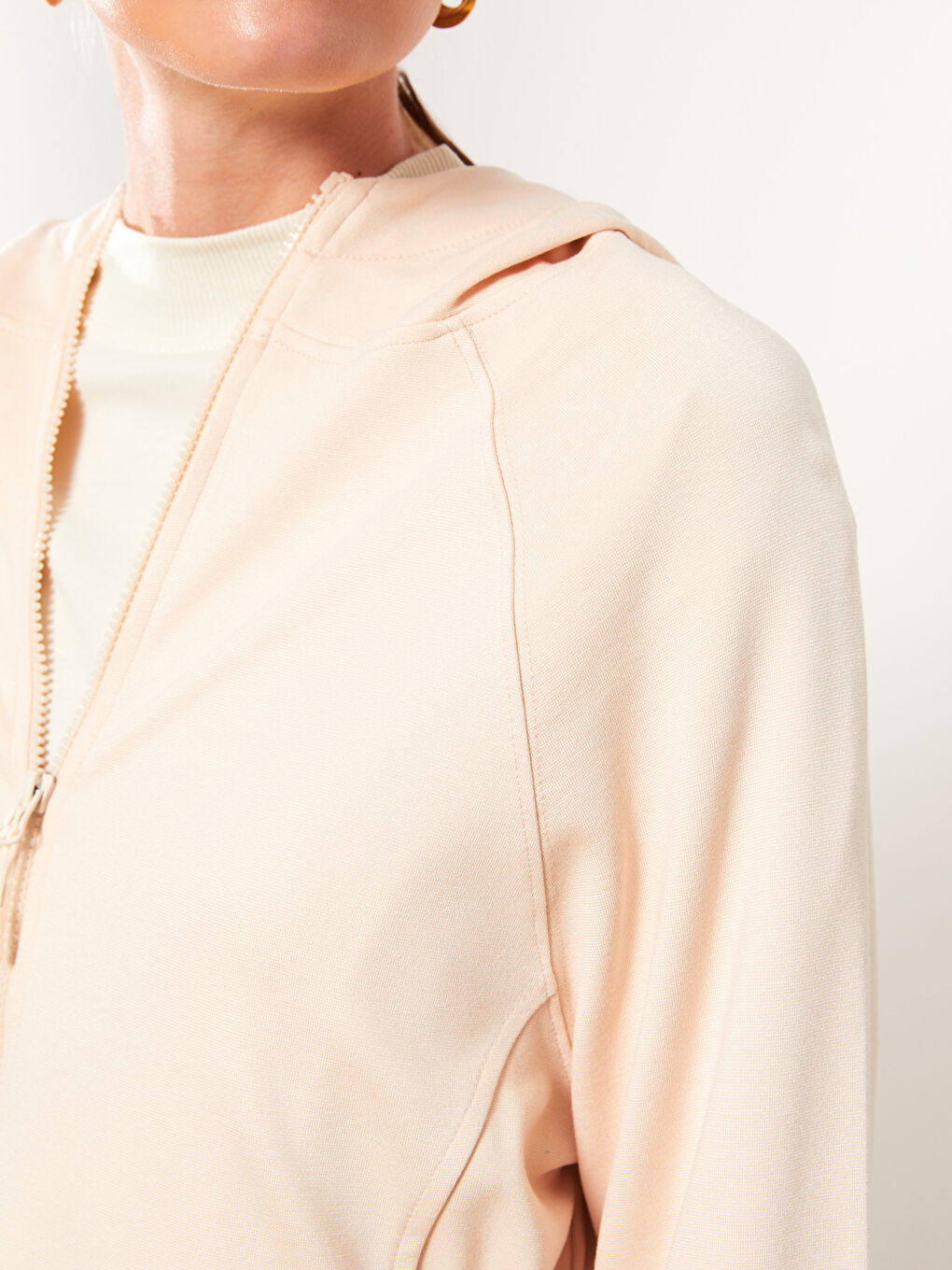 Ekru Kapüşonlu Düz Uzun Kollu Oversize Kadın Hırka-3