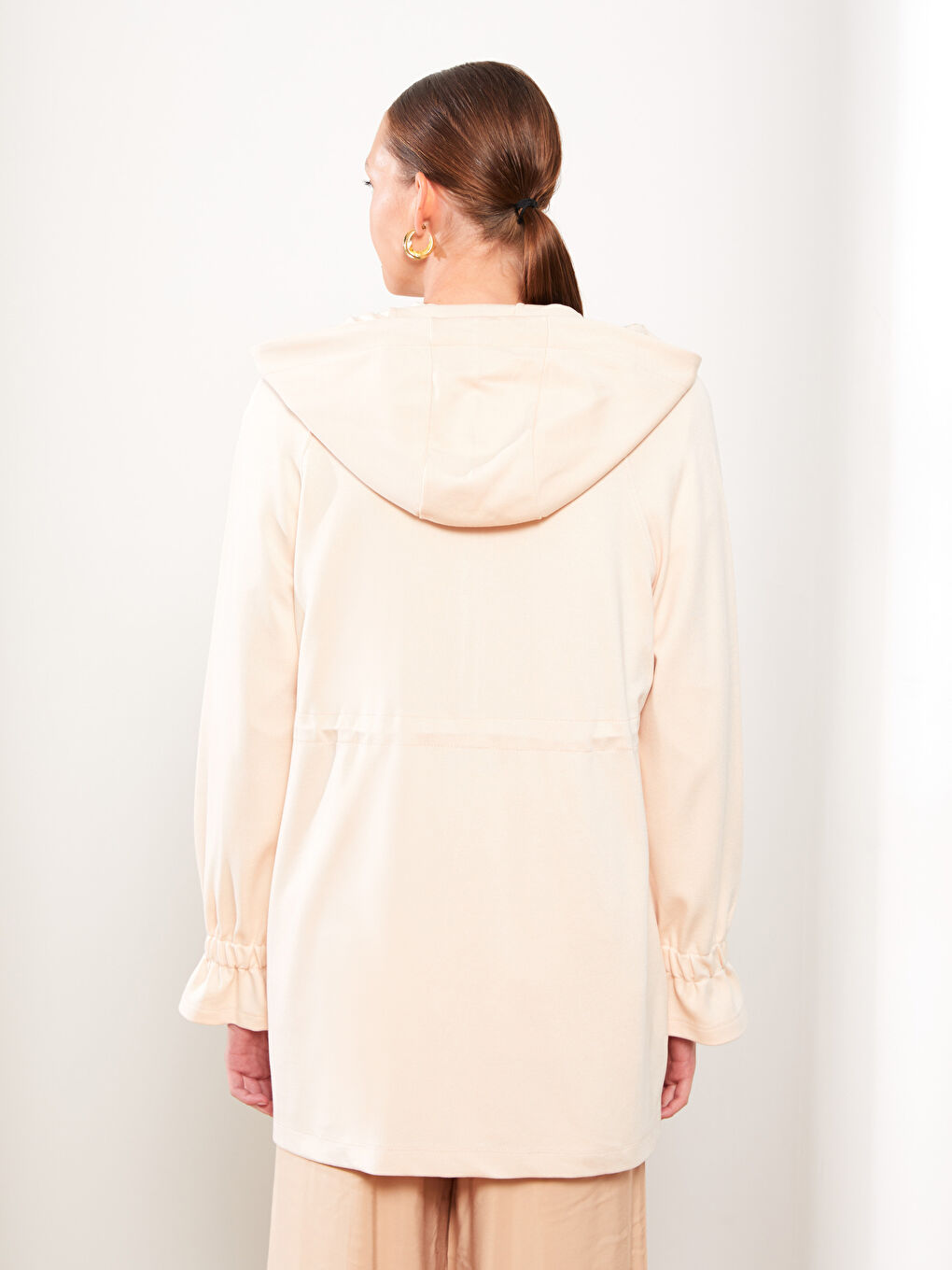 Ekru Kapüşonlu Düz Uzun Kollu Oversize Kadın Hırka-4