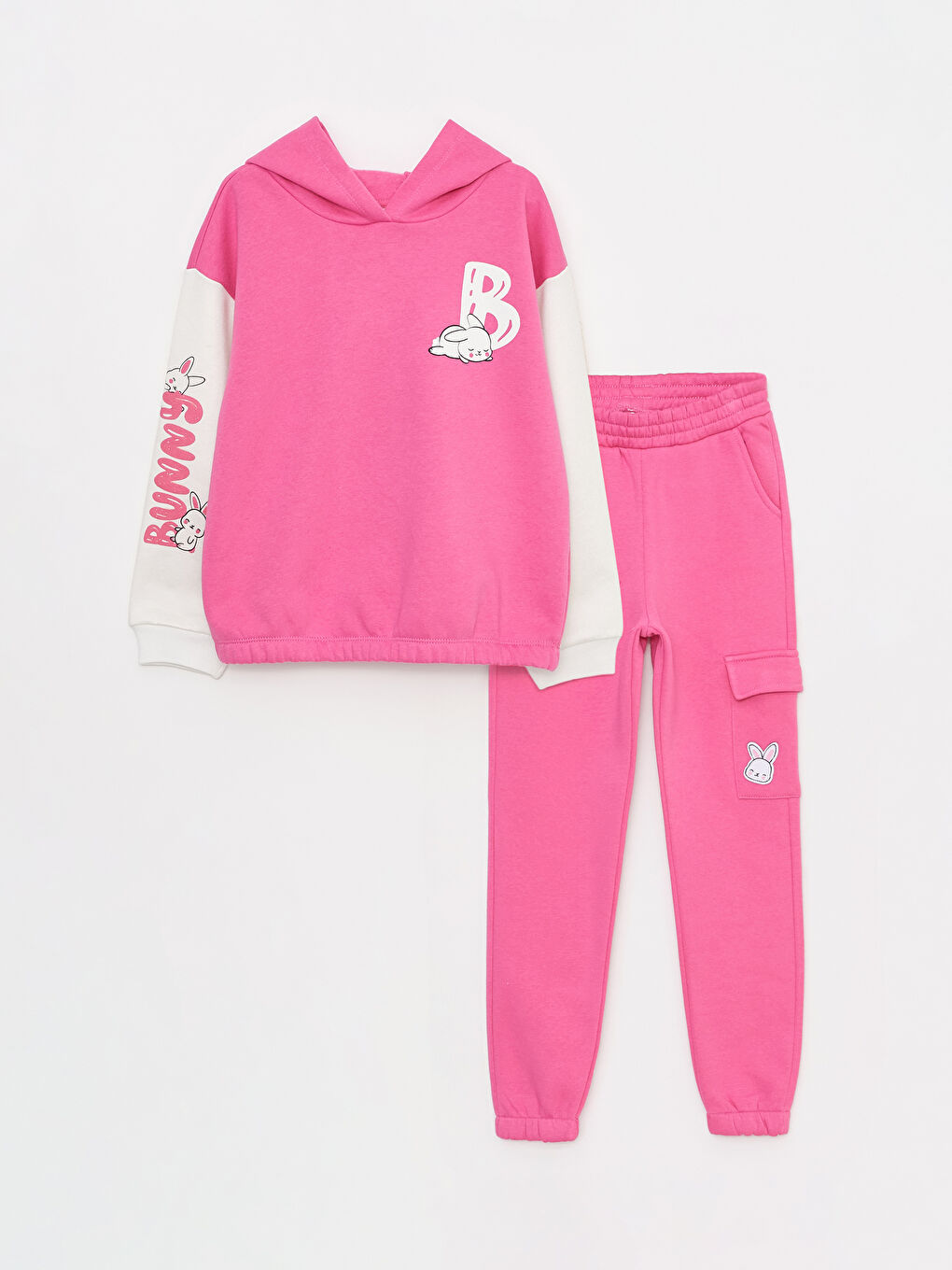 Pembe Kapüşonlu Baskılı Uzun Kollu Kız Çocuk Sweatshirt ve Eşofman Altı