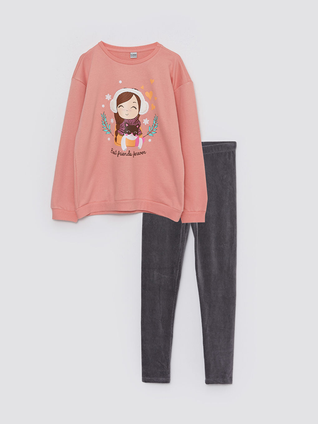 LCW Kids Bisiklet Yaka Baskılı Uzun Kollu Kız Çocuk Sweatshirt ve Tayt -W2DJ45Z4-GCL