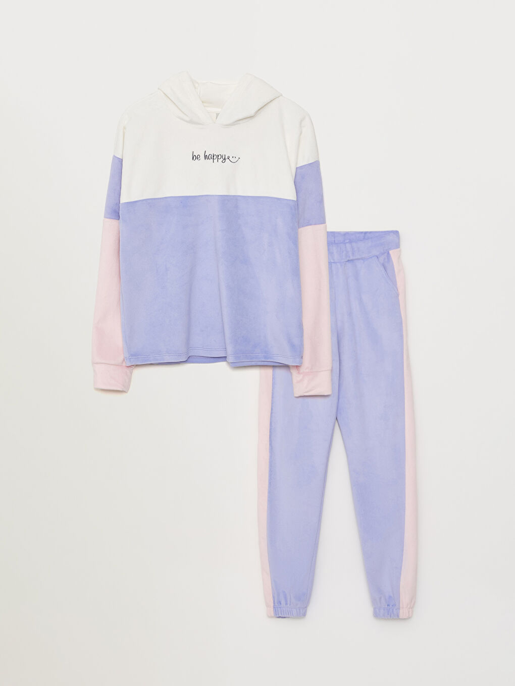 Hooded Color Block Long Sleeve Velvet Girls' Sweatshirt and Sweatpants