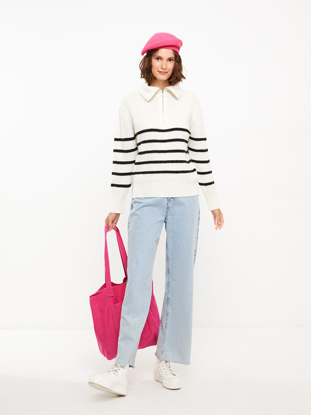 Ekru Polo Yaka Çizgili Uzun Kollu Kadın Triko Kazak-5