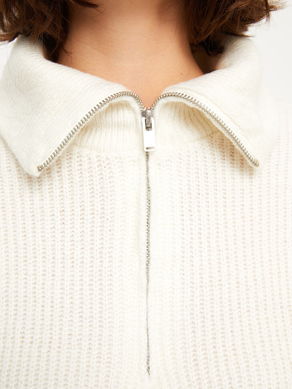 Ekru Polo Yaka Çizgili Uzun Kollu Kadın Triko Kazak-7