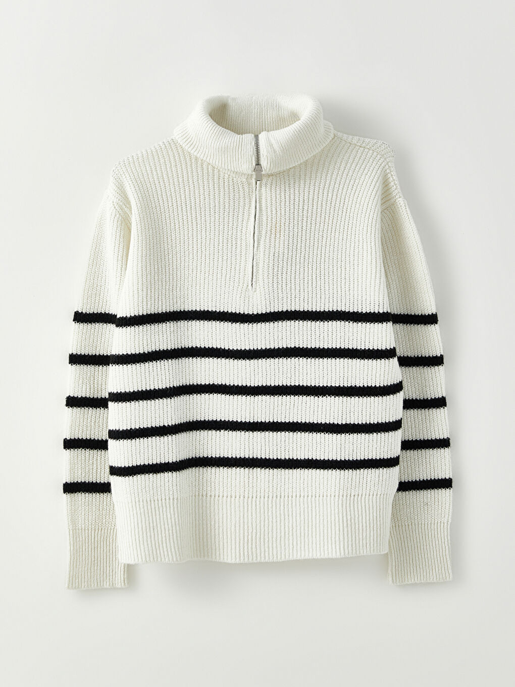 Ekru Polo Yaka Çizgili Uzun Kollu Kadın Triko Kazak-10