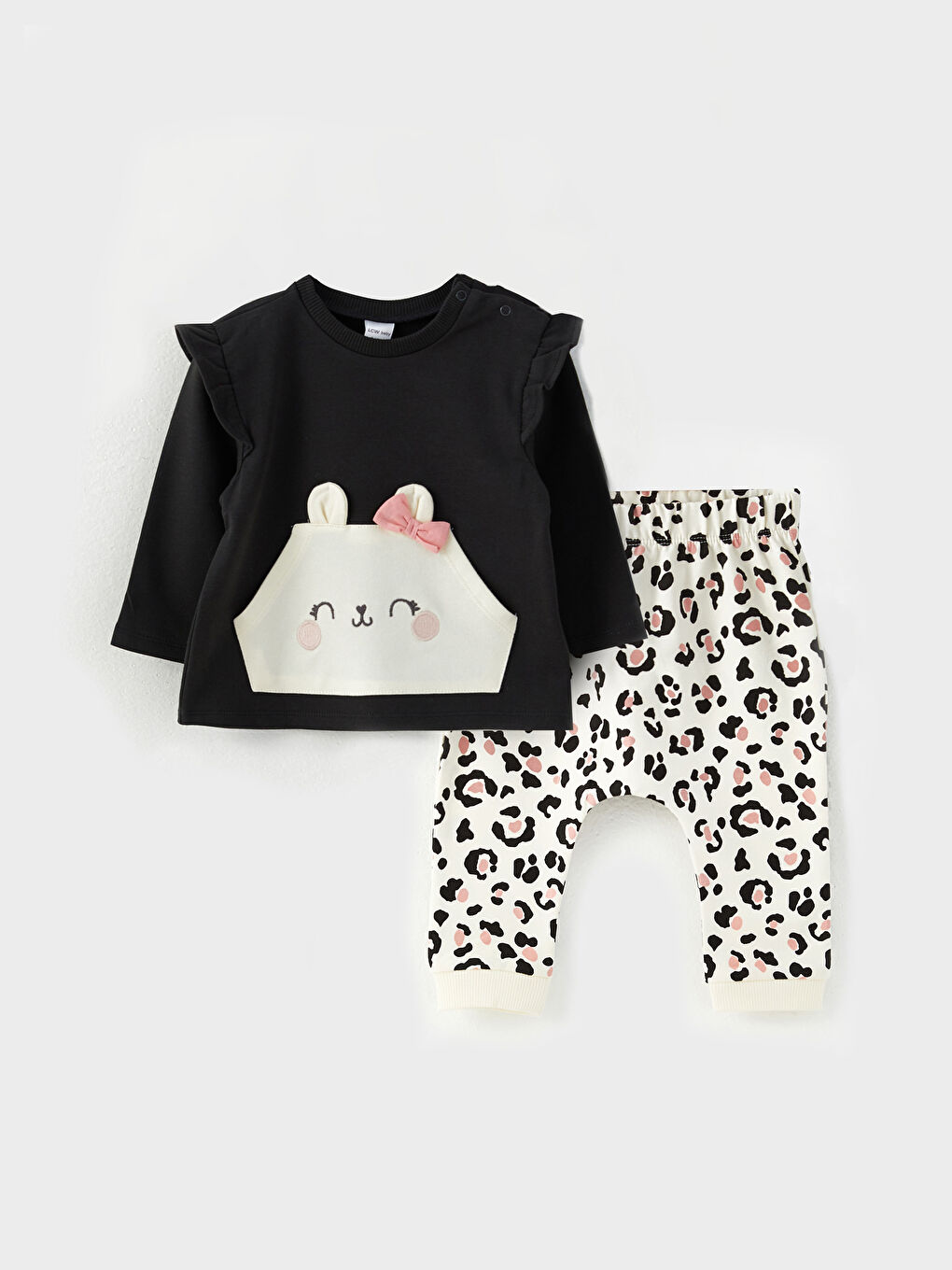 سويت شيرت بياقة دائرية وكم طويل مطبوع مع بنطلون - طقم ٢ قطع لبنات رضع