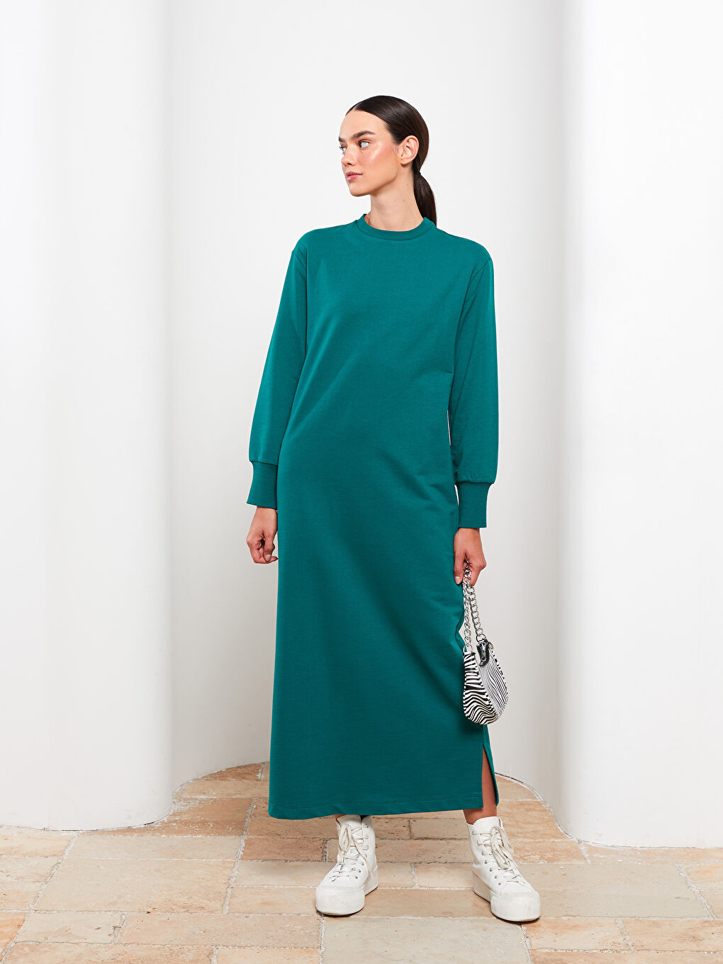 Yeşil Bisiklet Yaka Düz Uzun Kollu Kadın Elbise-1