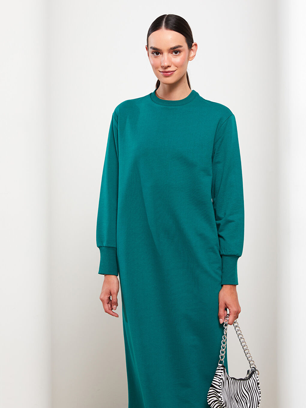 Yeşil Bisiklet Yaka Düz Uzun Kollu Kadın Elbise-2