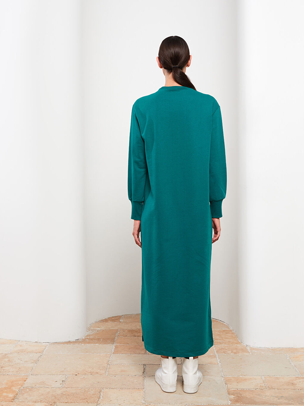 Yeşil Bisiklet Yaka Düz Uzun Kollu Kadın Elbise-4