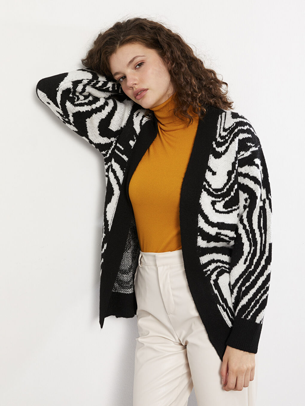 Shawl Collar Patterned Long Sleeve Women's Knitwear Cardigan