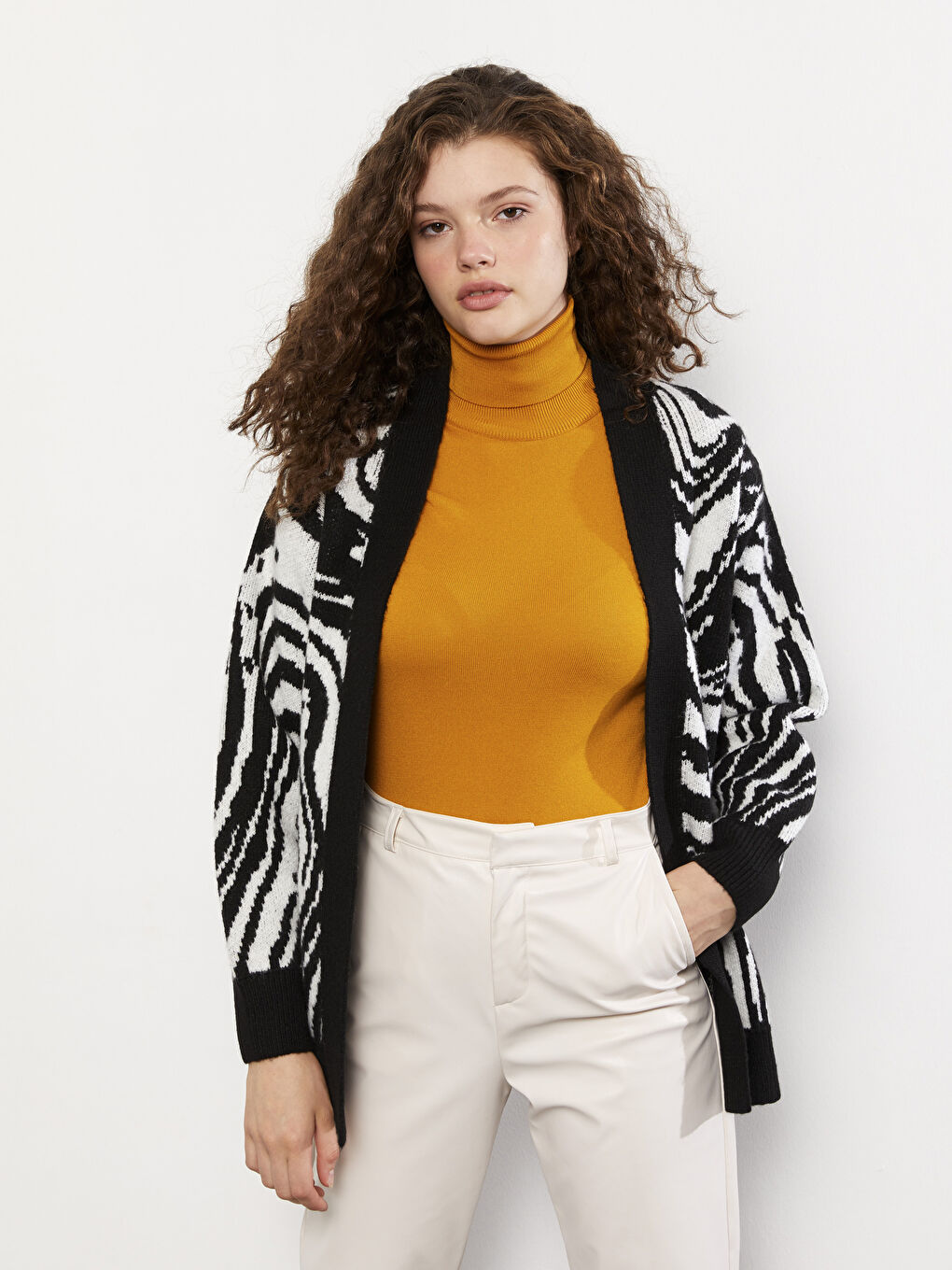 Shawl Collar Patterned Long Sleeve Women's Knitwear Cardigan-1