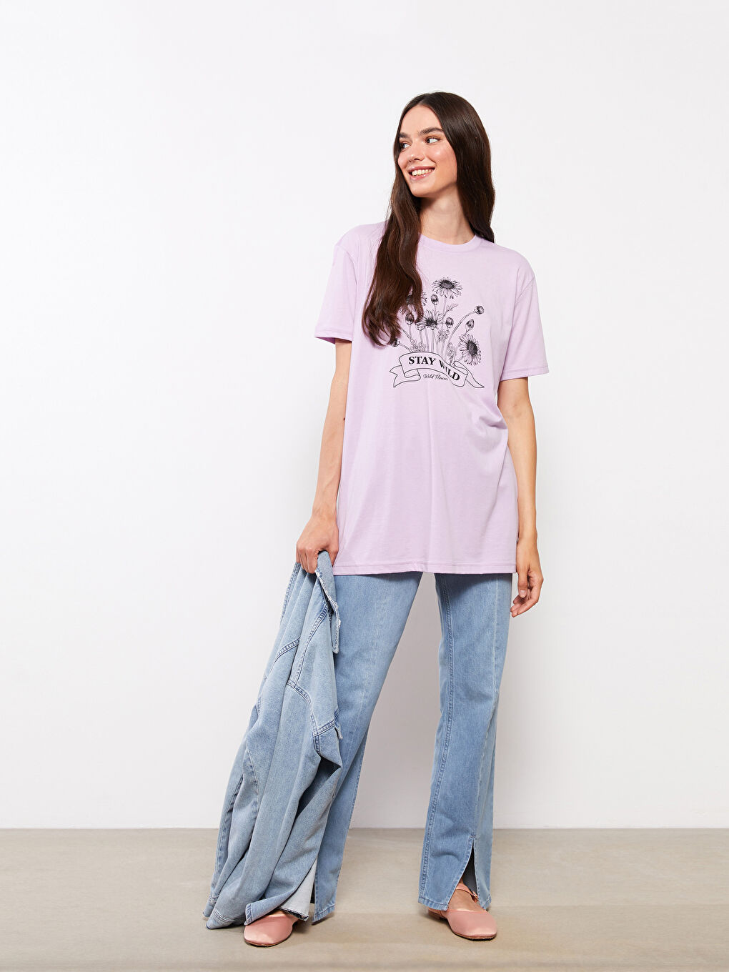 Lila Bisiklet Yaka Baskılı Kısa Kollu Kadın Tunik