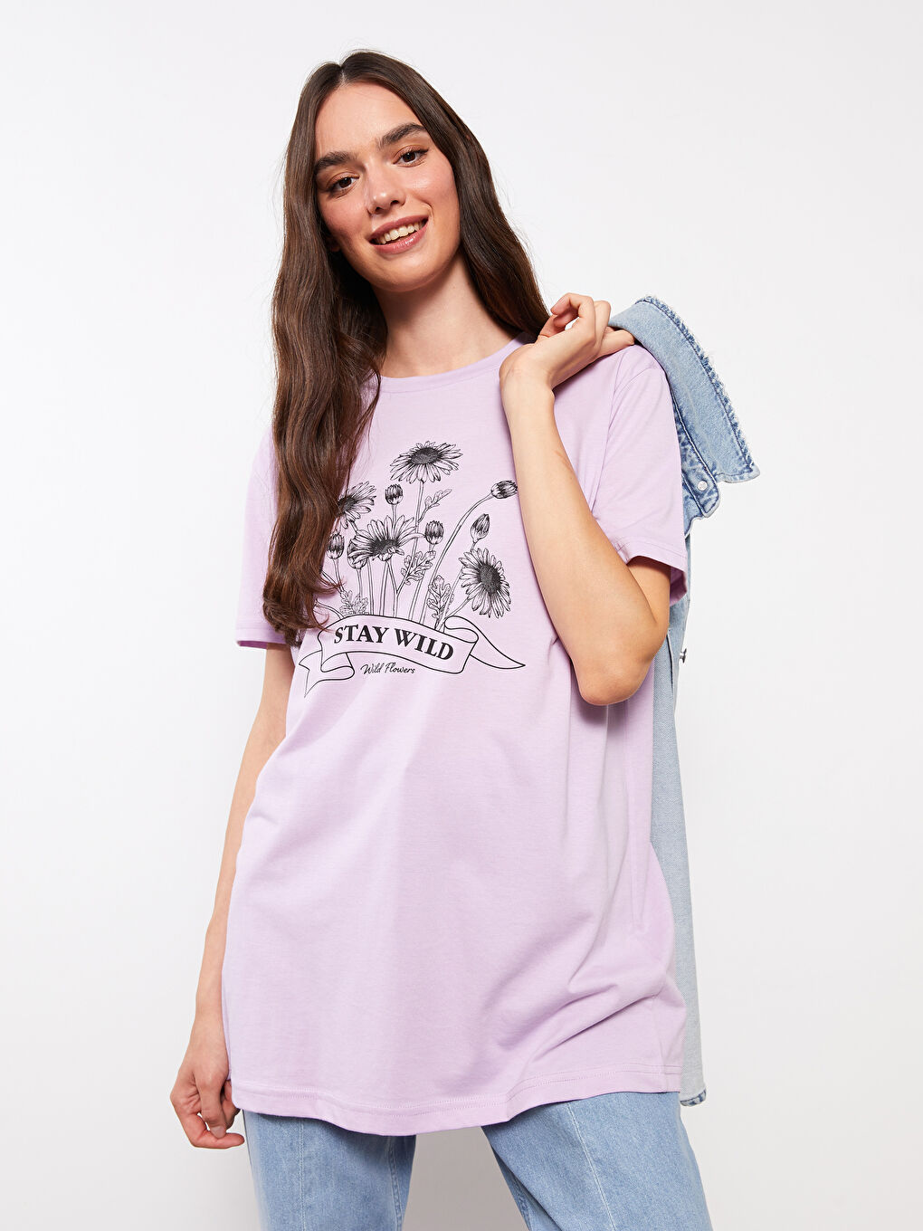 Lila Bisiklet Yaka Baskılı Kısa Kollu Kadın Tunik-1