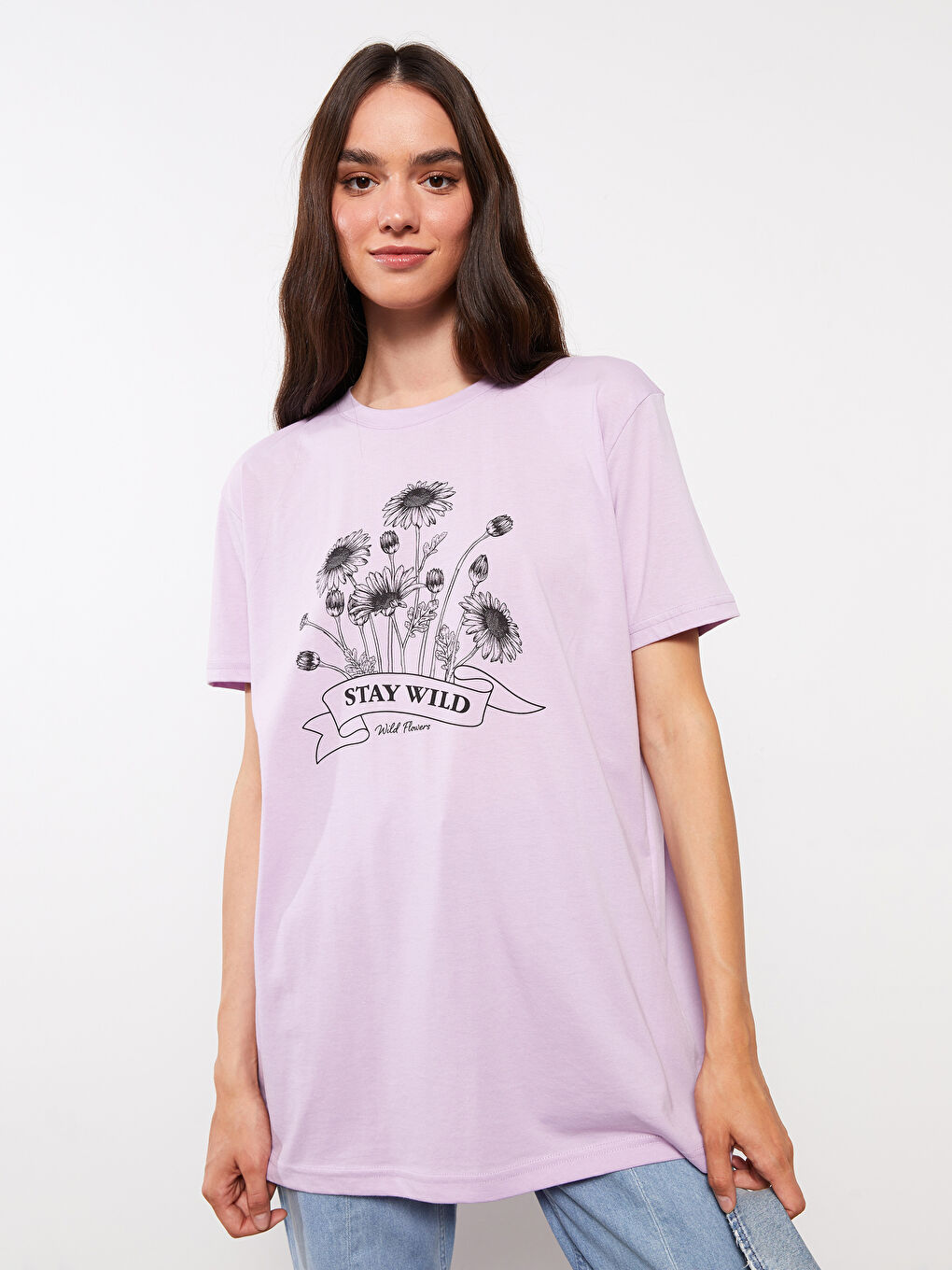 Lila Bisiklet Yaka Baskılı Kısa Kollu Kadın Tunik-2