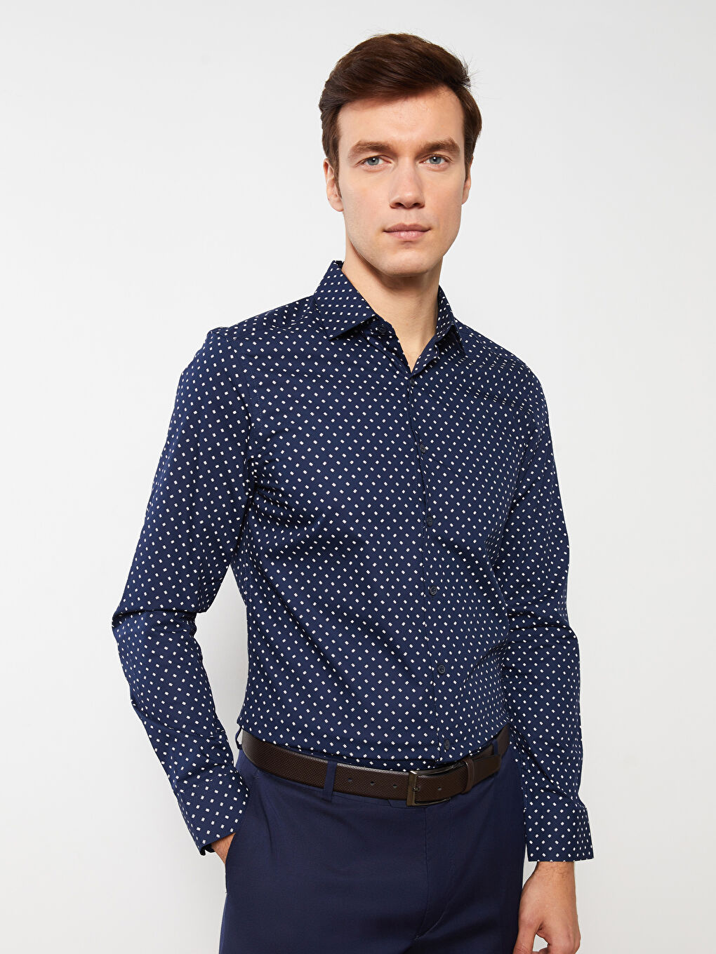 Slim Fit Long Sleeve Patterned Dobby Fabric Men's Shirt