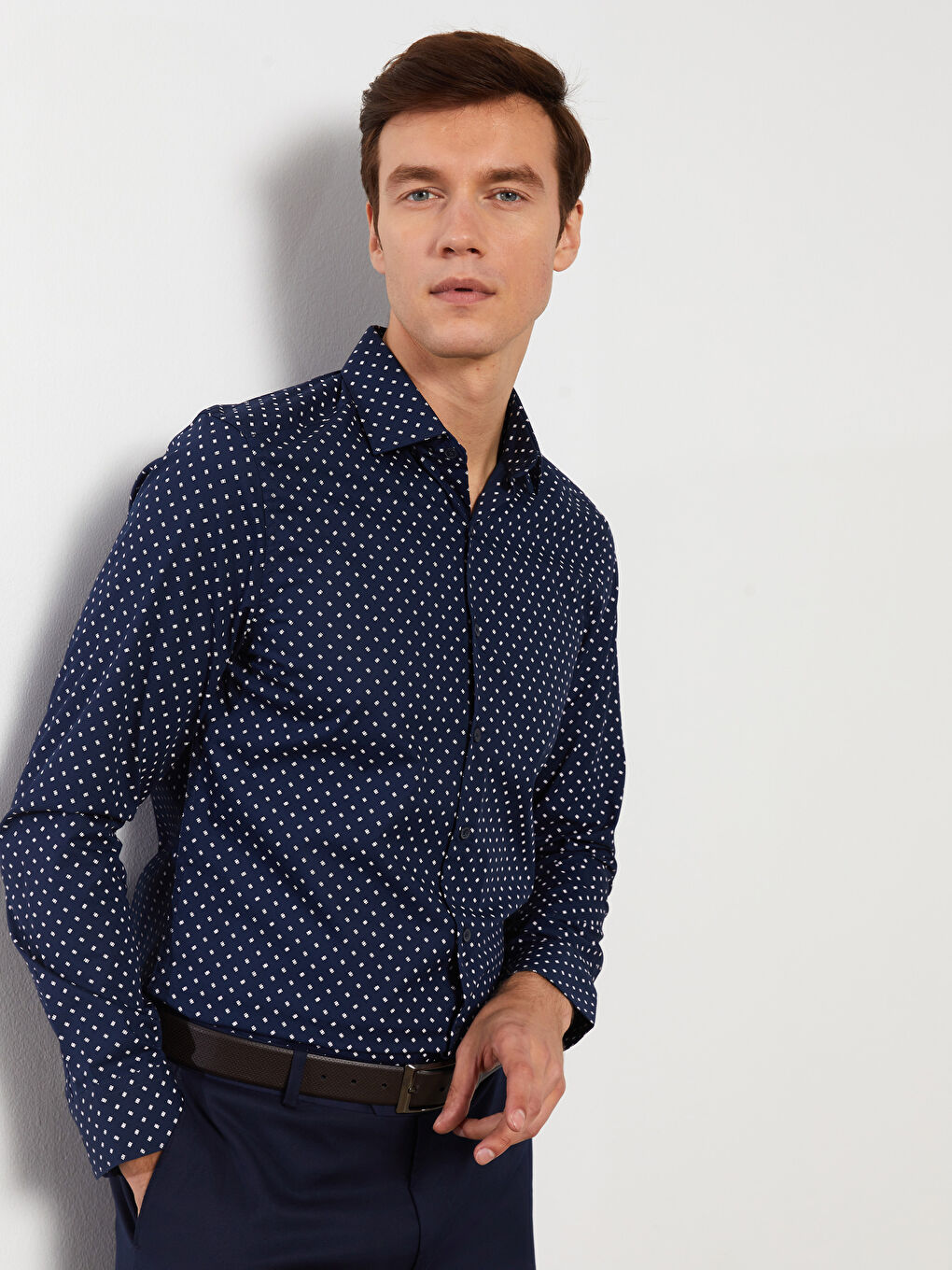 Slim Fit Long Sleeve Patterned Dobby Fabric Men's Shirt-1