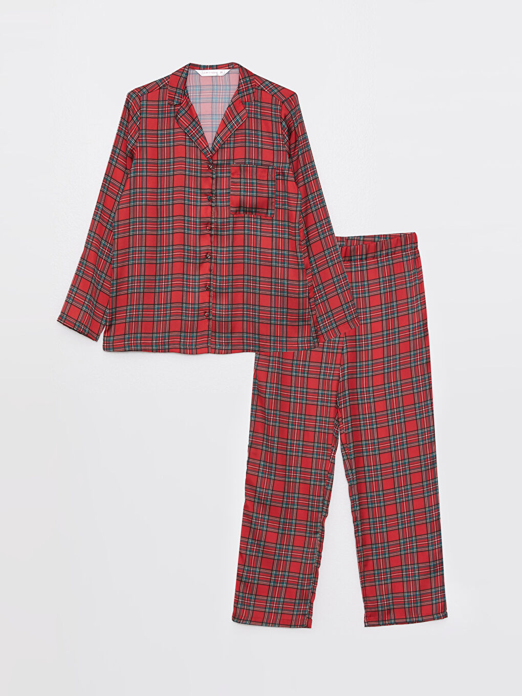 Kırmızı Gömlek Yaka Yılbaşı Temalı Uzun Kollu Kadın Saten Pijama Takımı-5