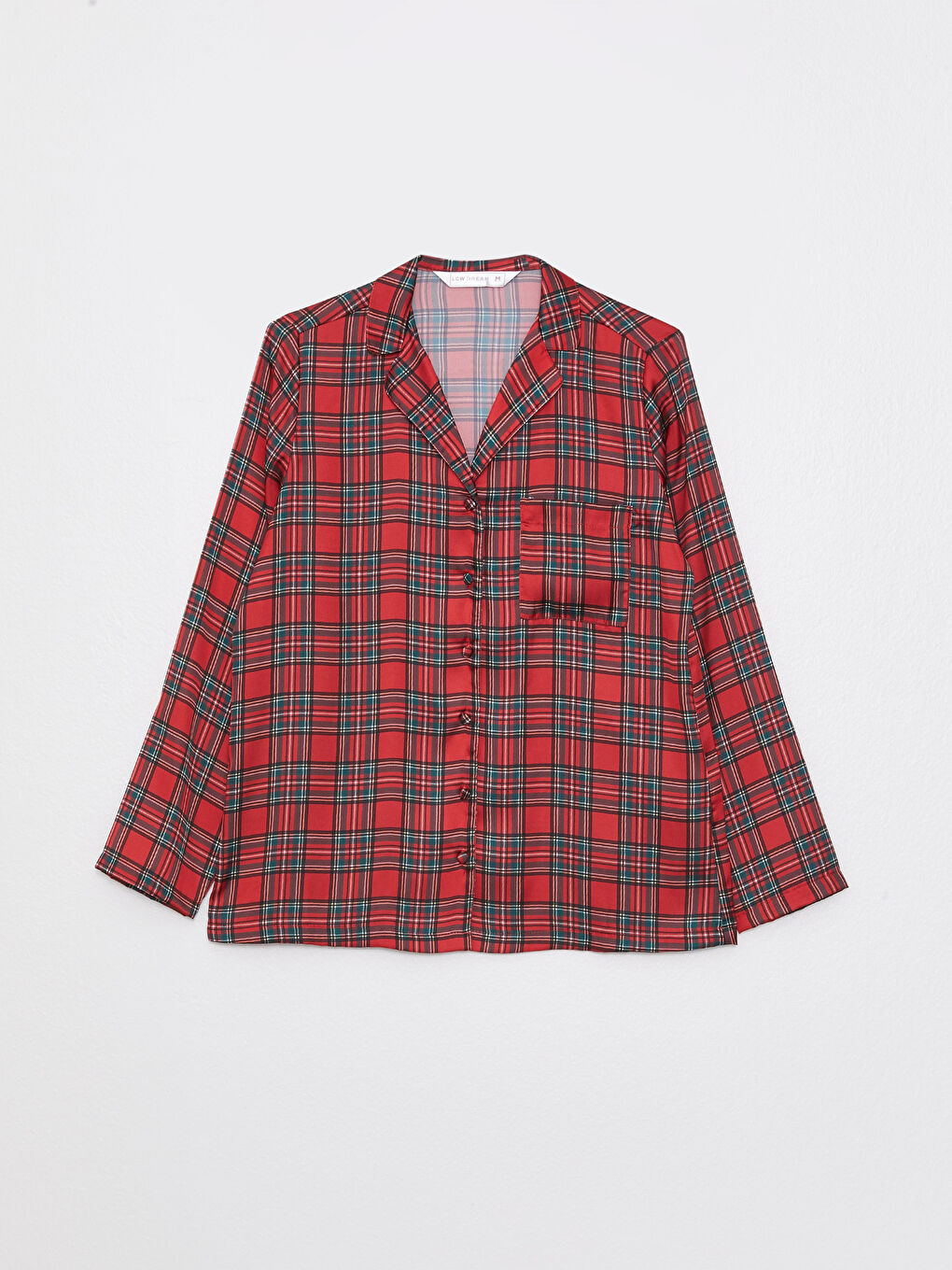 Kırmızı Gömlek Yaka Yılbaşı Temalı Uzun Kollu Kadın Saten Pijama Takımı-6